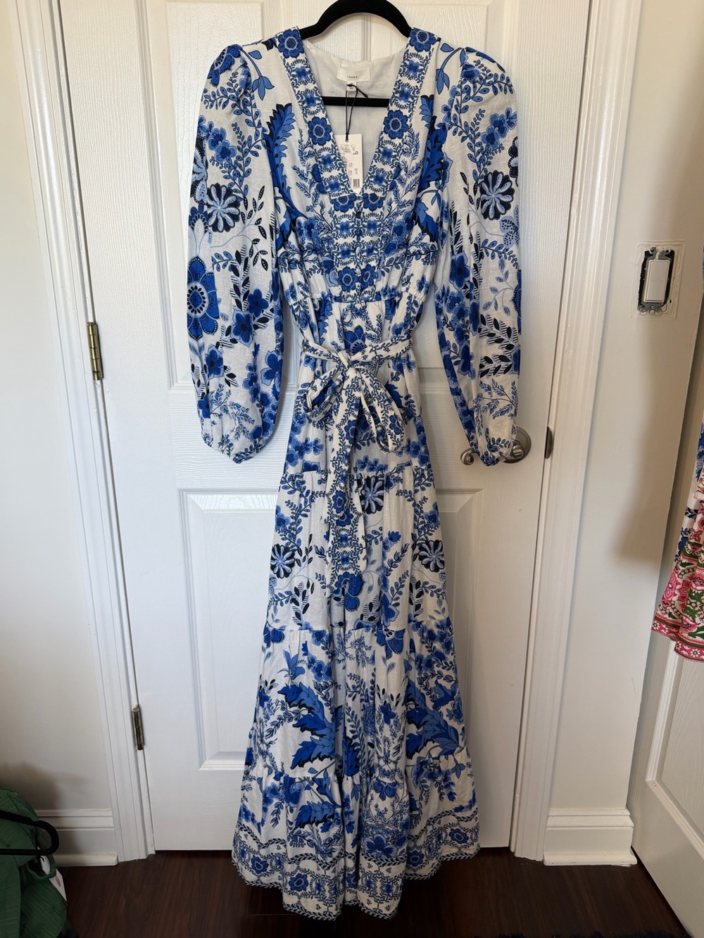 Blue and White Floral V-Neck Maxi Dress with Tie Waist